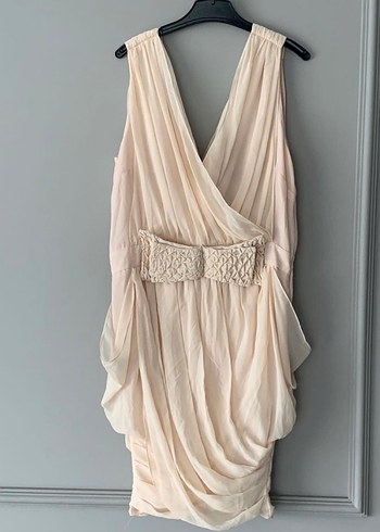 Bej Drapeli V Yaka kısa Abiye Elbise - Görsel 3