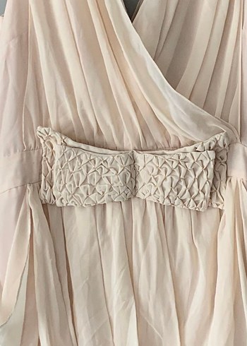 Bej Drapeli V Yaka kısa Abiye Elbise - Görsel 2