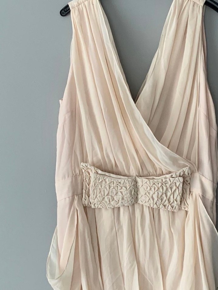 Bej Drapeli V Yaka kısa Abiye Elbise - Görsel 4