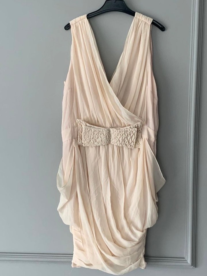 Bej Drapeli V Yaka kısa Abiye Elbise - Görsel 3