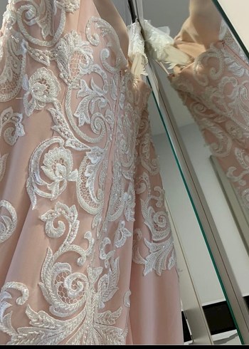 Dantel İşlemeli Pudra Uzun Abiye Elbise - Görsel 5