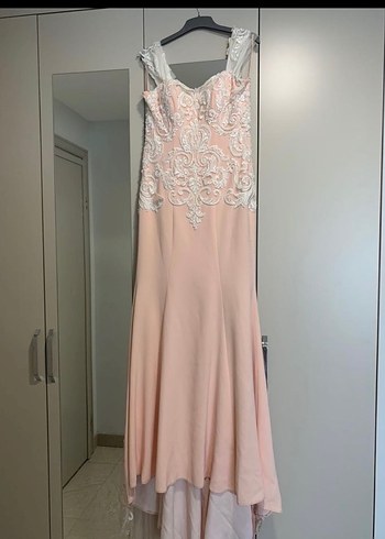 Dantel İşlemeli Pudra Uzun Abiye Elbise - Görsel 8
