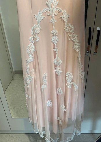 Dantel İşlemeli Pudra Uzun Abiye Elbise - Görsel 2