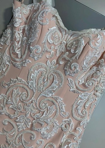 Dantel İşlemeli Pudra Uzun Abiye Elbise - Görsel 3