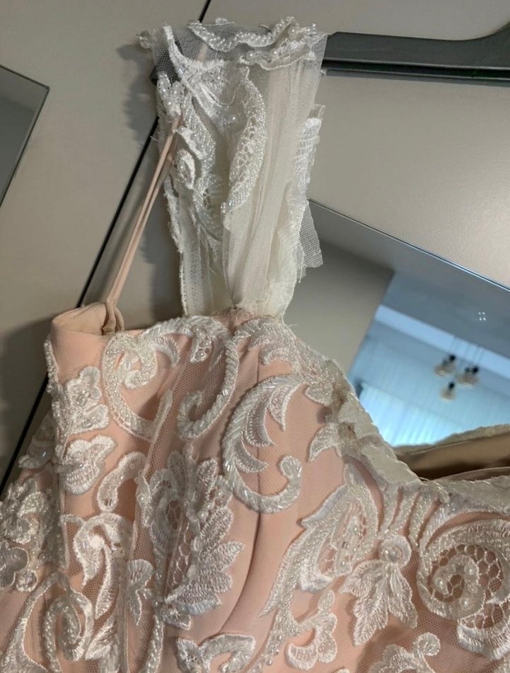 Dantel İşlemeli Pudra Uzun Abiye Elbise - Görsel 4