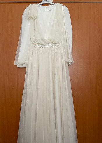 Drapeli Uzun Kollu Beyaz Nişan, Nikah Elbisesi
