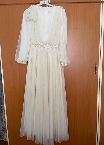 Abiye Drapeli Uzun Kollu Beyaz Nişan, Nikah Elbisesi