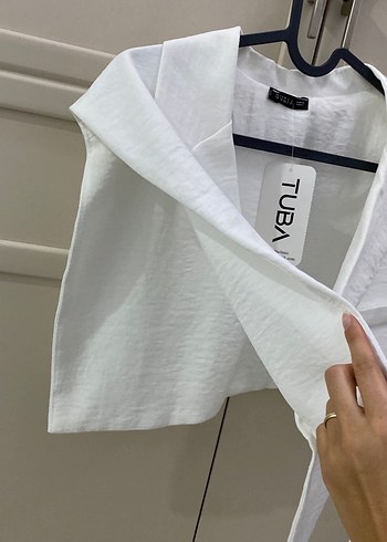 Diğer Beyaz Kolsuz Keten Mini Blazer