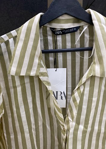 Zara Bej Çizgili Uzun Kollu Kadın Gömlek