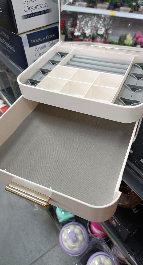 Beyaz Makyaj Organizeri Aynalı takı kutusu - Görsel 3