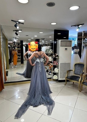 Boncuk İşlemeli Gri Uzun Abiye Elbise - Görsel 5