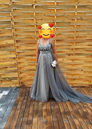 Boncuk İşlemeli Gri Uzun Abiye Elbise - Görsel 4