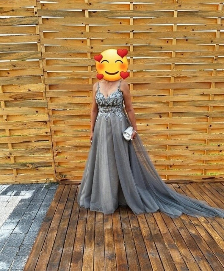 Boncuk İşlemeli Gri Uzun Abiye Elbise - Görsel 4