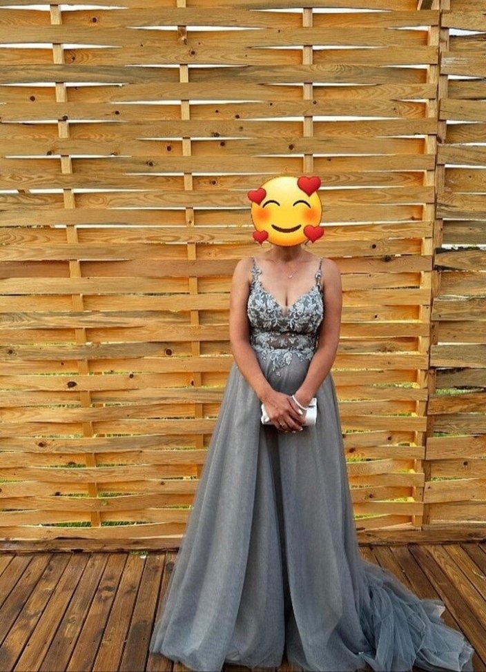 Boncuk İşlemeli Gri Uzun Abiye Elbise - Görsel 3