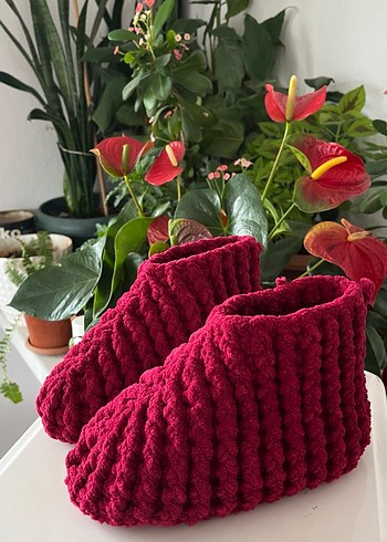 Bordo Örgü Kız Çocuk  ve kadın Ev Terliği - Görsel 2