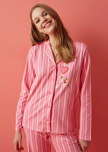 Penti Pembe Çizgili Uzun Kollu pembe panter Kadın Pijama Takımı