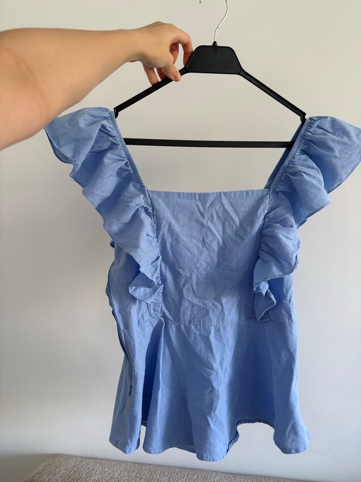 Düğmeli Mavi Keten Bluz - Görsel 2