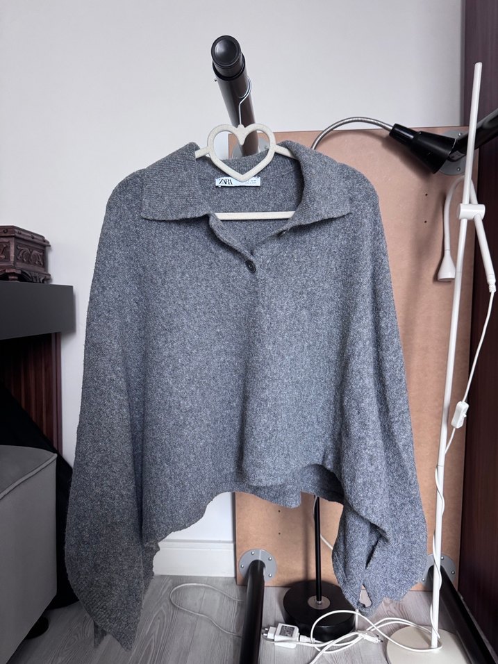 Gri Polo Yaka Kadın Örgü Kazak/şal - Görsel 2