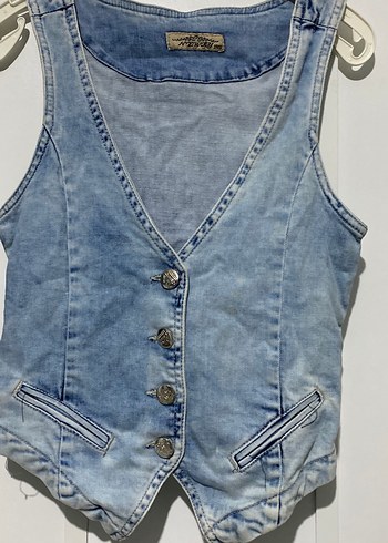 Düğmeli Kolsuz Mavi Denim Yelek