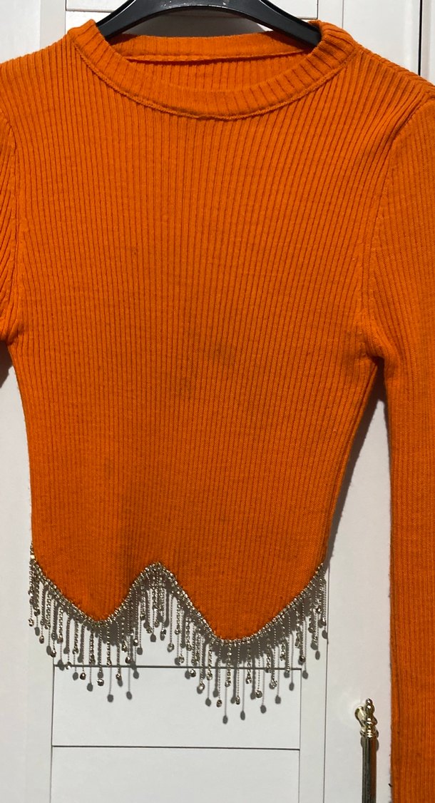 Turuncu Nakışlı Örme Kadın Bluz - Görsel 2