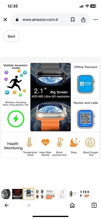  Beden Renk Watch GS8Ultra Akıllı Saat Ful fonksiyonlu
