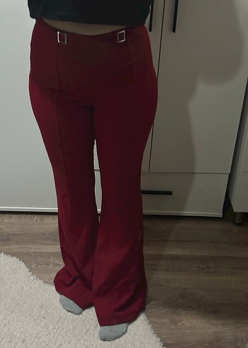 Bordo Kadın Kumaş Pantolon, Kemerli, Uzun - Görsel 6