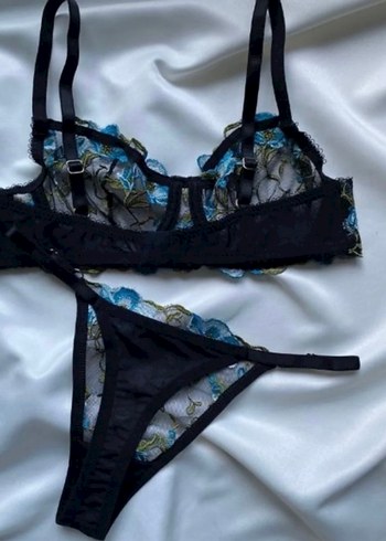 Brode balenli mavi çiçekli sütyen takımı - Görsel 3