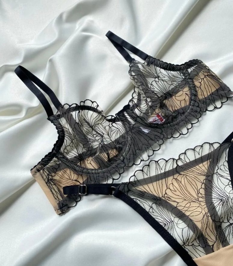 Nakışlı Goth Tarzı Bej Sütyen Takımı - Görsel 2