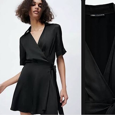 Zara siyah saten mini kruvaze elbise