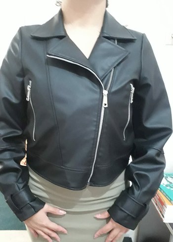 s Beden Kadın Siyah Deri Biker Ceket