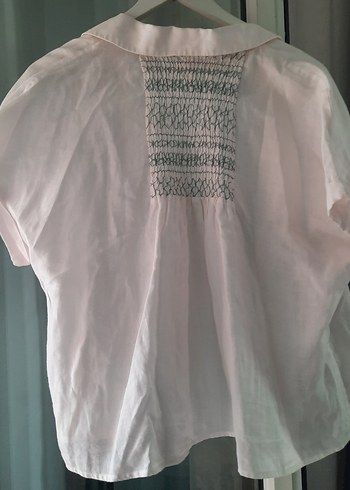 Düğmeli Beyaz Keten Kadın Gömlek - Görsel 3