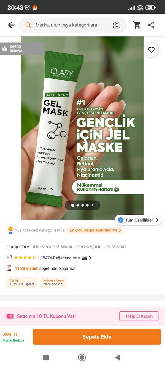 Clasy Aloe Vera Gençleştirici Jel Maske 10 ml 20 şase - Görsel 2