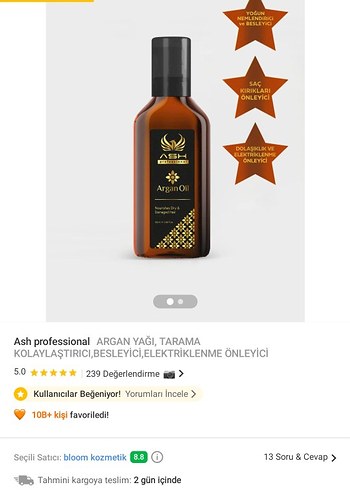 Ash Professional Argan Yağı ve fön suyu