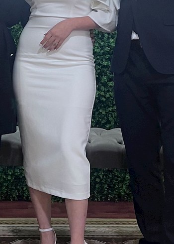 Beyaz Straplez Midi Kalem Elbise - Görsel 2