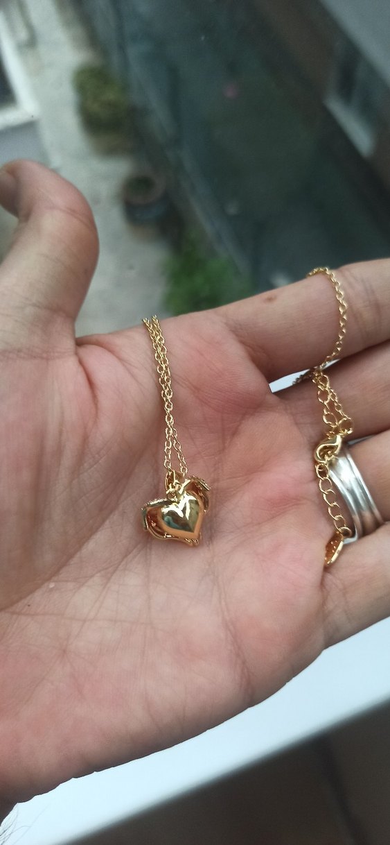 Altın Zincirli Kırmızı Taşlı çift taraflı Kalp Kolye - Görsel 2