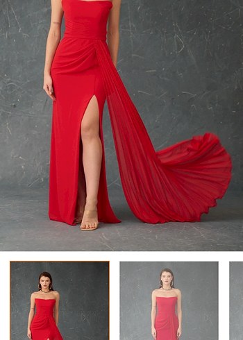 Kırmızı Straplez Uzun Abiye Elbise - Görsel 2