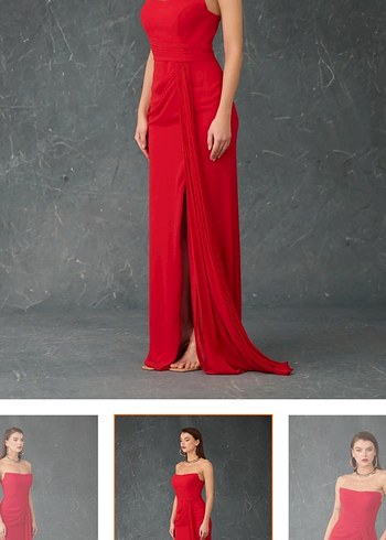 Kırmızı Straplez Uzun Abiye Elbise - Görsel 4