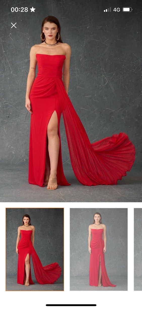 Kırmızı Straplez Uzun Abiye Elbise - Görsel 2
