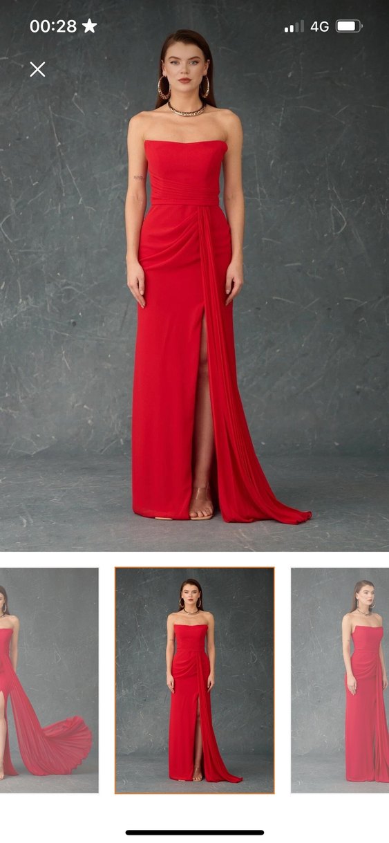 Kırmızı Straplez Uzun Abiye Elbise - Görsel 3