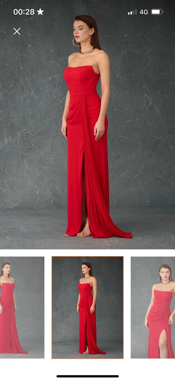 Kırmızı Straplez Uzun Abiye Elbise - Görsel 4