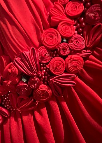 Kırmızı Drapeli Uzun Straplez Abiye Elbise - Görsel 3