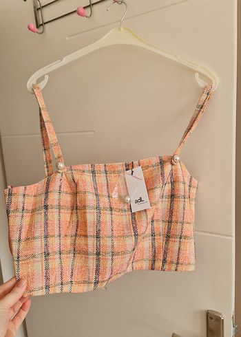 Adil Işık Düğmeli Pembe Mini Kareli Kadın Crop Top - Görsel 2