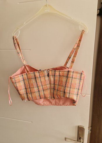 Adil Işık Düğmeli Pembe Mini Kareli Kadın Crop Top - Görsel 5