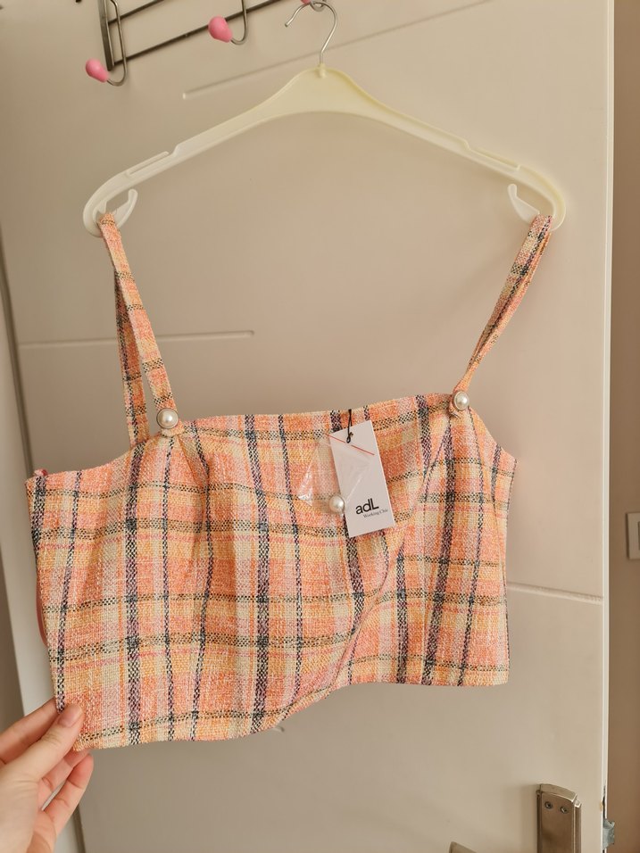 Adil Işık Düğmeli Pembe Mini Kareli Kadın Crop Top - Görsel 2