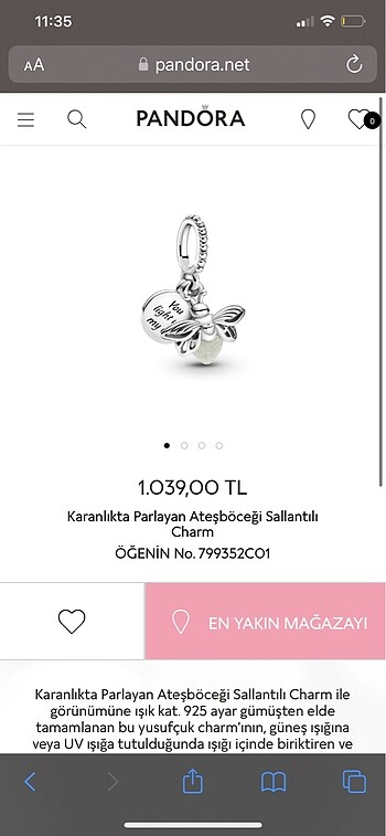pandora karanlıkta parlayan ateş böceği charm