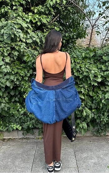 s Beden kahverengi Renk Askılı uzun elbise