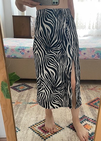 s Beden beyaz Renk Zebra Desenli Uzun Bohem Midi Etek