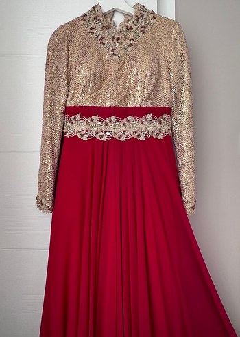 Bordo Drapeli Uzun Kollu Abiye Elbise - Görsel 2