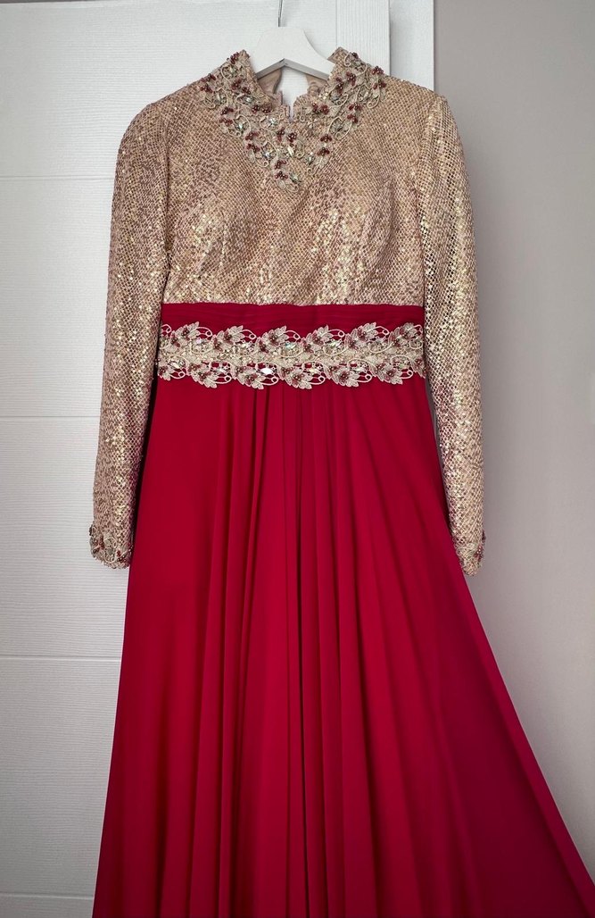 Bordo Drapeli Uzun Kollu Abiye Elbise - Görsel 2