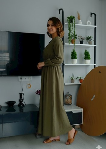 Uzun Kollu Haki Düğmeli Kadın Elbise - Görsel 2